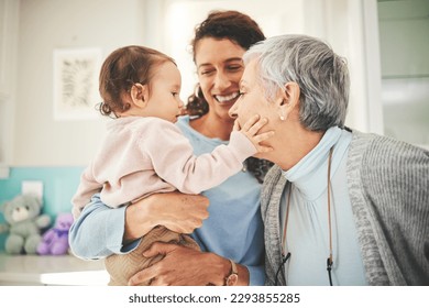 Grandmother, mother and baby in home for playing, quality time and bonding together in living room. Love, happy family and mom carrying child with grandma play for loving, affection and happiness