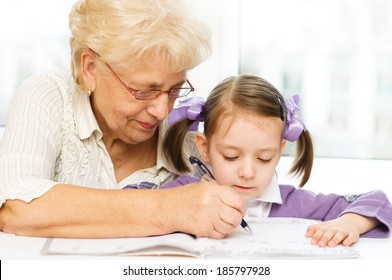 Grandmother Teaches Write Letters Her Granddaughter Stock Photo ...