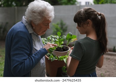 Grandmother teaching granddaughter to work in garden. Girl helping elderly grandma with plants, herbs and vegetables in garden, spending free summer time outdoor. - Powered by Shutterstock