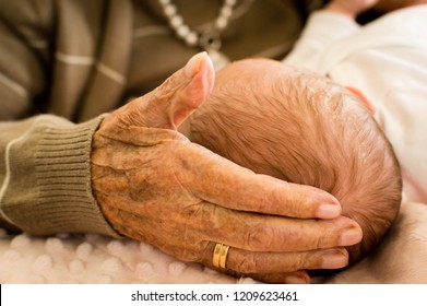 grandmother's hand of rough and old skin caressing the head of her newborn grandchild