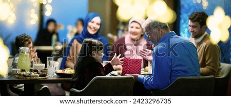 Grandparents arrive at their children's and grandchildren's gathering for iftar in a restaurant during the holy month of Ramadan, bearing gifts and sharing cherished moments of love, unity, and