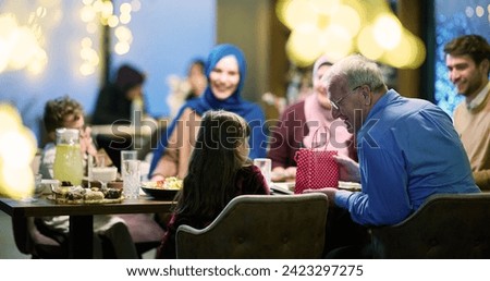 Grandparents arrive at their children's and grandchildren's gathering for iftar in a restaurant during the holy month of Ramadan, bearing gifts and sharing cherished moments of love, unity, and