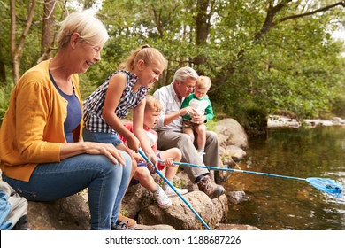 Grandparents With Grandchildren Fishing With Nets In River In UK Lake District