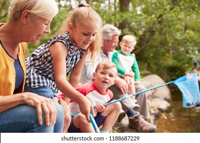 Grandparents With Grandchildren Fishing With Nets In River In UK Lake District