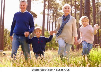 Grandparents and grandchildren walking in the countryside