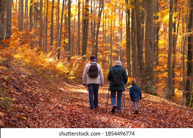 Grandparents Hiking With Grandchild In Autumn Light