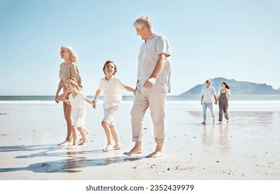 Grandparents, kids and holding hands on beach, family and parents with trust and support, tropical holiday and travel. Happiness, nature and sea with love and care, generations and people on vacation - Powered by Shutterstock