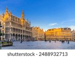 The Grand-Place Grote Markt Big Market square in Brussels city historical center with people, sunset view, King