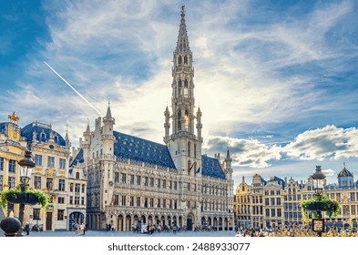 The Grand-Place Grote Markt Big Market square in Brussels city historical center with crowd people tourists, Town Hall Brabantine Gothic style and Baroque guildhalls Guilds of Brussels, Belgium - Powered by Shutterstock