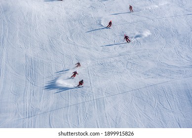 Grandvalira, Andorra: January 2021: People Skiing In The Grandvalira Pyrenees Station In Winter 2021