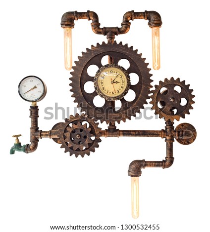 grange lamp with glowing bulbs made of water pipes in loft interior stile with clock. Steampunk stile wall clock