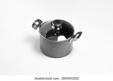 Granite Frying Pan With Glass Lid Isolated On White Background.Cooking Pot.High Resolution Photo.Top View. Mock-up.