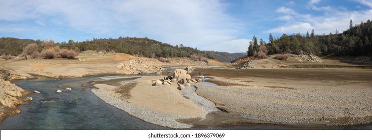 Granite Island and River Valley Along the North Fork of the American River and Folsom Reservoir at Low Water in California