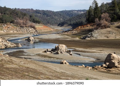 Granite Island and River Valley Along the North Fork of the American River and Folsom Reservoir at Low Water in California