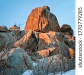 granite rock formation in Vedauwoo Recreation Area, Wyoming,  known to the Arapaho Indians as Land of the Earthborn Spirit, winter scenery in a square format