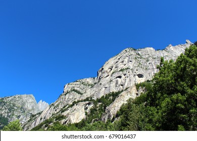 Granite Rocks Mountain Walls In An Alpine Valley (Val Di Mello Batholith)