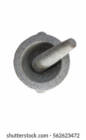 Granite Stone Pestle And  Mortar Isolated On White Background. For Kitchen And Cooking In Top View.