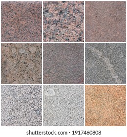 Granite texture set. Collection of stone backgrounds. Natural granite with a grainy pattern. Solid rough surface of rock.