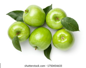 Granny smith apples with leaves isolated on white background. Green apple. Flat lay. Top view