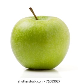 Granny Smith Variety Of Apple From Low Perspective Isolated On White.