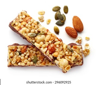 Granola bar with chocolate isolated on white background