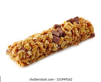 Granola bar with chocolate on white background