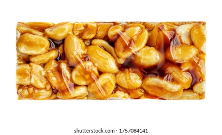 Granola Bar Isolated On White Background. Nut Bar With Peanuts  And Caramel  Toffee  Syrup, Top View
