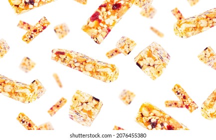 Granola Bar Isolated On White Background. Muesli Bar Isolated. Granola Bars Flying. Falling Bars. High Quality Photo