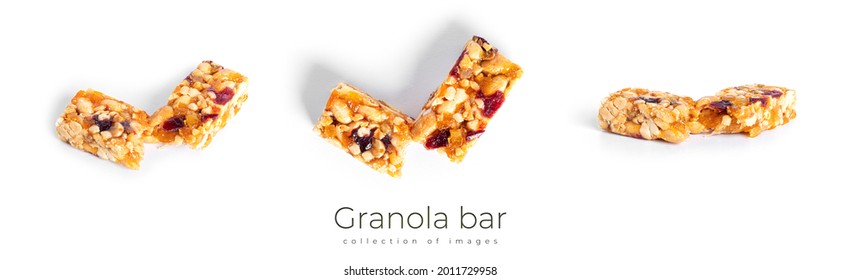 Granola bar with nuts and dried fruits isolated on a white background. High quality photo