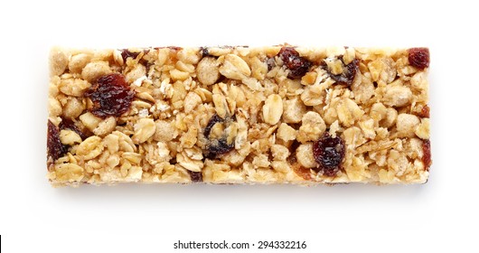 Granola bar with raisins isolated on white background