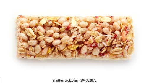 Granola bar with strawberries and white chocolate isolated on white background