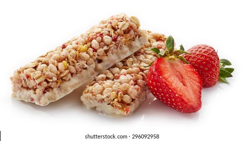 Granola Bar With Strawberries And White Chocolate Isolated On White Background