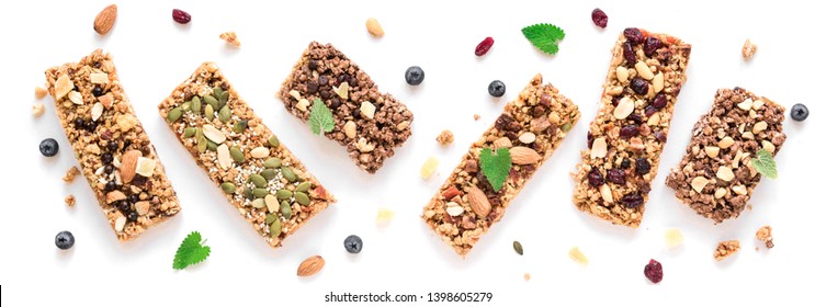 Granola bars assortment isolated on white background, banner. Homemade healthy snack - granola superfood bars. - Powered by Shutterstock