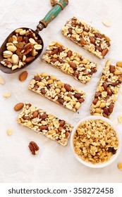 Granola Bars / Breakfast Bars With Granola Bowl And A Metal Scoop Overhead View