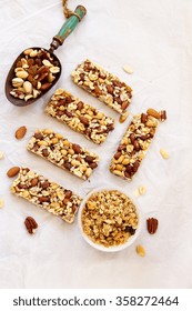 Granola Bars / Breakfast Bars With Granola Bowl And A Metal Scoop Overhead View