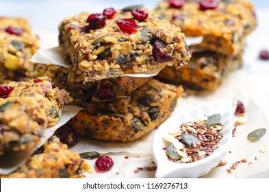 Granola Bars, Healthy Homemade Snack, Superfood Bars With Cranberry, Pumpkin Seeds, Oats, Chia And Flax Seed On Bright Background, Vegan Meal