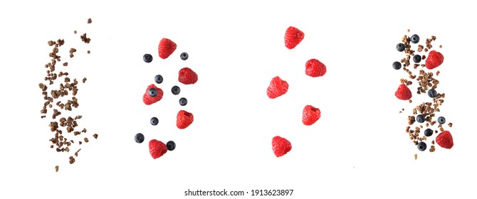 granola, blueberry and raspberry against white background. Image contains copy space. Concept of flying food