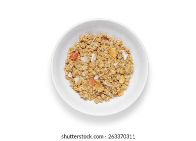 Granola Cereal With Dried Fruits In White Bowl, Shot From Above Isolated On White Background With Clipping Path