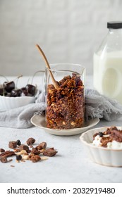 Granola With Chocolate And Milk White Background