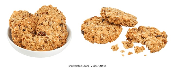 Granola cookie in ceramic bowl isolated on white background with full depth of field - Powered by Shutterstock