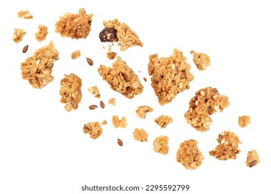 Granola cookie isolated on white background with full depth of field. Top view. Flat lay.