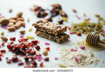 Granola Energy Bars With Oat And Chocolate, Honey, Nuts, Sports Snacks, Protein Healthy Breakfast, Cereal Bars With Dates And Raisins, And Berry. Vegan Dessert Concept.