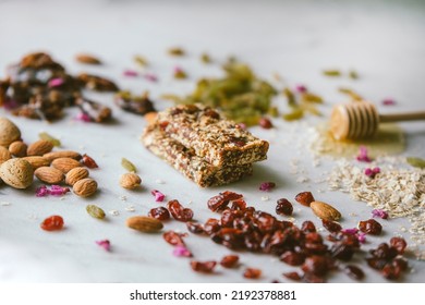 Granola Energy Bars With Oat, Honey, Nuts, Sports Snacks, Protein Healthy Breakfast, Cereal Bars With Oats And Dates And Raisins, And Berry. Vegan Dessert Concept.