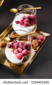 Granola With Natural Homemade Yogurt With Frozen Raspberries