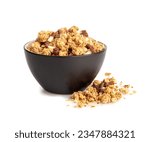 Granola Pile in Bowl Isolated, Muesli Breakfast, Crunchy Cereal Breakfast, Oatmeal Muesli with Seeds and Grains, Healthy Diet Food, Granola on White Background