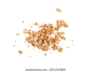 Granola Pile Isolated, Scattered Muesli Breakfast, Crunchy Cereal Breakfast, Oatmeal Muesli with Seeds and Grains, Healthy Diet Food, Granola on White Background Top View