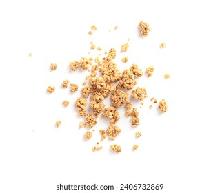 Granola Pile Isolated, Scattered Muesli Breakfast, Crunchy Cereal Breakfast, Oatmeal Muesli with Seeds and Grains, Healthy Diet Food, Granola on White Background Top View