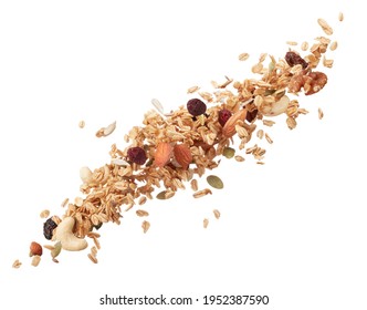 Granola Splashing Or Dropping Isolated On White