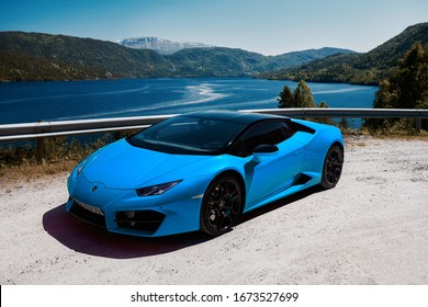 Gransherad  Norway. 04.06.2016:  Blue Lamborghini Huracan, Engine V10, 580 HP
