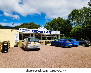 Grantshouse, Duns / Scotland UK 07 24 2019: Cedar Cafe, A Truck Stop Diner That Is Also A Dog Friendly Place, Off The Road On The A1 Between Edinburgh And Berwick